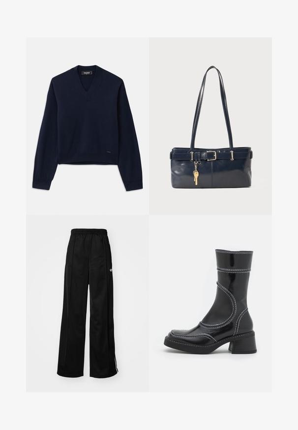 Tummansininen, pitkähihainen neulepaita, jossa on V-kaula-aukko, valmistettu pehmeästä kankaasta. Varustettu ribbitetyillä hihaisilla ja helmalla, vähäistä brändäystä alareunassa.; Musta leveälahkeinen treenihousut, jossa on elastinen vyötärö, valkoiset sivutossut ja pieni logo vasemmassa lonkassa. Silkkinen kangastunne.; Musta lakattu nahkasaapas nilkkamallissa, jossa on valkoiset ompeleet, pyöreä kärki ja lohkarekorko. Ominaisuuksiin kuuluvat kaarevat muotoilulinjat ja sileä pinta.; La handbagin sininen nahka, jossa on kaksi pitkää kahvaa, Buckle-yksityiskohta ja avaimenperä kiinnitettynä. Sen pinta on sileä ja muoto on suorakulmainen.