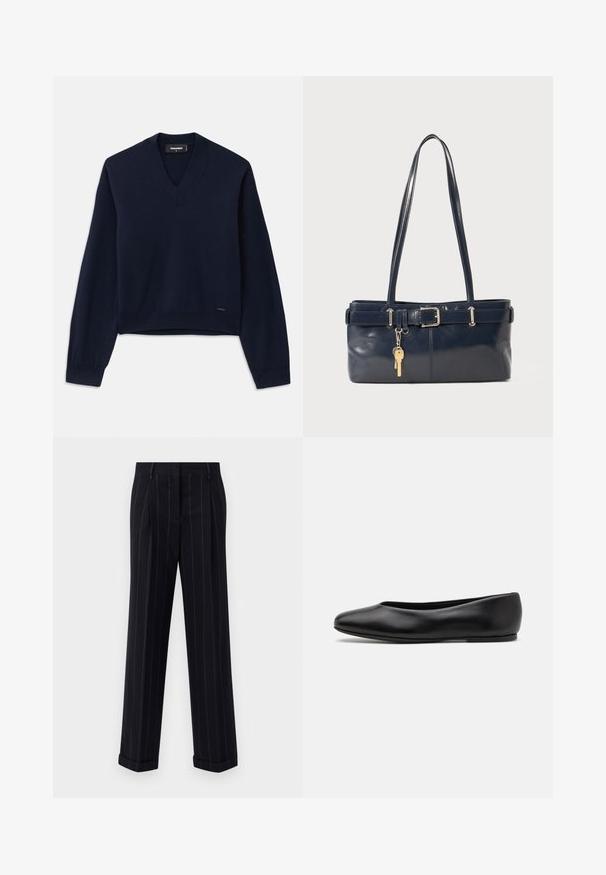 Navy blue, long-sleeve sweater with a V-neck design, crafted from a soft fabric. Features ribbed cuffs and hem, minimal branding at the bottom.; Black pinstriped trousers with a tailored fit, featuring a cuffed hem and front pleats. Made of smooth fabric with a structured design.; Paul Smith TOPANGA - Ballet pumps - black; Navy leather handbag with two long handles, a buckle detail, and a keychain attached. Features a smooth texture and a rectangular shape.