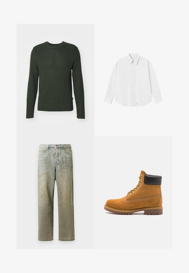 J.LINDEBERG OLIVER STRUCTURE - Džemper - forest green; Valge nööpidega särk klassikalise kraega, pikkade varrukatega ja ümarate servadega; paremas alumises nurgas on väike oranž logo.; Karmiinroheline kulunud denim teksapüksid, millel on sirge jalg, viie taskuga disain ning ebaühtlane pleekimine koos värvikrõpsudega.; Küpset tan suede sääreboot musta pehmea kraega, kuldsed metallist silmad, valge õmblemise detailid ja robustne kummist tallaga, millel on väljendunud mustrid.