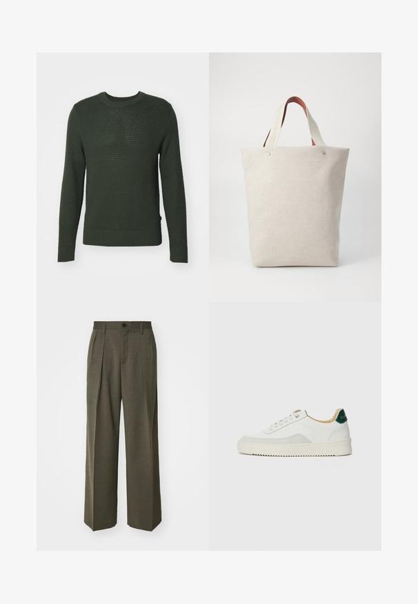 J.LINDEBERG OLIVER STRUCTURE - Pullover - forest green; Filippa K WIDE TROUSERS - Pantalon classique - driftwood; Baskets blanches avec des accents en daim, bout arrondi, lacets plats et semelle en caoutchouc crème. Présente une marque verte sur le talon.; Sac fourre-tout en tissu beige clair avec une finition texturée, doté de deux poignées en cuir marron contrastantes et d'accents métalliques en haut.