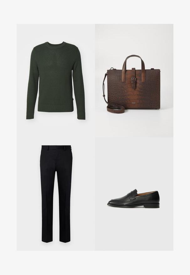 J.LINDEBERG OLIVER STRUCTURE - Pullover - forest green; Pantalons noirs en tissu lisse, présentant une coupe droite, un pli devant et des passants de ceinture à la taille. Pas de motifs ni d'accents visibles.; Mocassin en cuir noir avec un bout arrondi, des coutures subtiles et un talon bas, présentant une texture lisse et un design minimaliste.; Sac à main en cuir embossé crocodile marron avec des poignées supérieures et une bandoulière amovible. Présente une fermeture à boucle et une forme rectangulaire.
