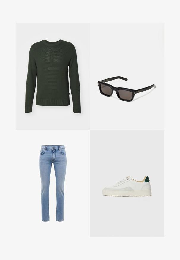 J.LINDEBERG OLIVER STRUCTURE - Pulover - forest green; Jeans din denim bleu deschis, cu o taietura slim, cinci buzunare si un design cu picioare drepte. Dispune de un fermoar si bucle pentru curea. Textura moale.; Sneaker alb cu accente din suede, vârf rotund, șireturi plate și o talpă din cauciuc crem. Are un logo verde pe călcâie.; Ochelari de soare negri, rectangul care au lentile întunecate, ramă din plastic gros, accente aurii pe brațe și logo-ul brandului gravat pe mâner.