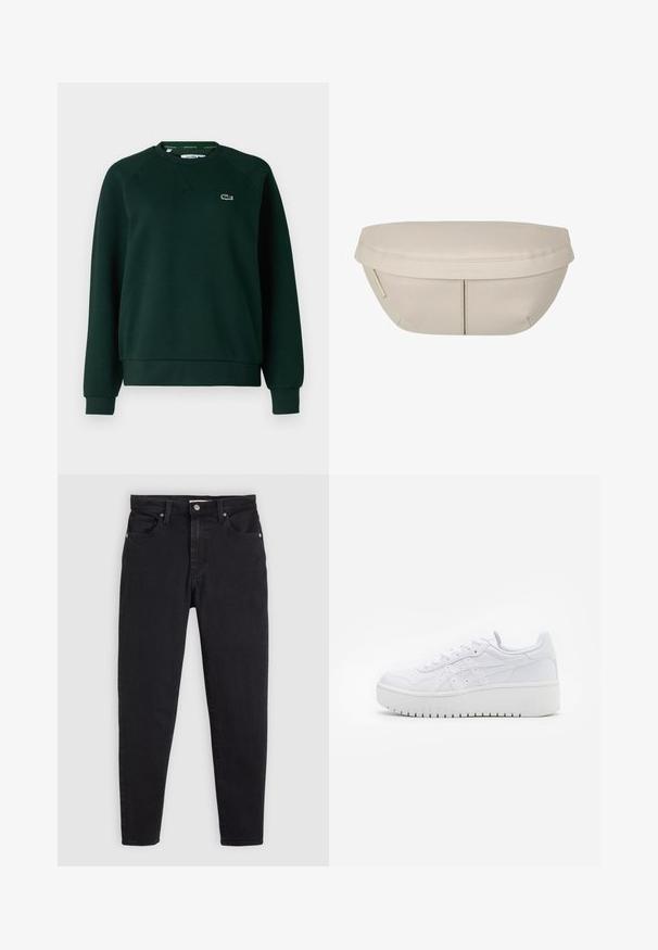 Lacoste Felpa - sinople; Jeans neri slim fit con chiusura a bottone e zip, design a cinque tasche e passanti per cintura su uno sfondo grigio chiaro.; Sneaker piattaforma bianche con texture in pelle liscia, dettagli perforati e lacci piatti; presenta una robusta suola in gomma bianca.; Pochette in tessuto beige dalla forma arrotondata, con parte superiore piatta e dettagli di cucitura sottili. Include un logo minimalista e una strap laterale.