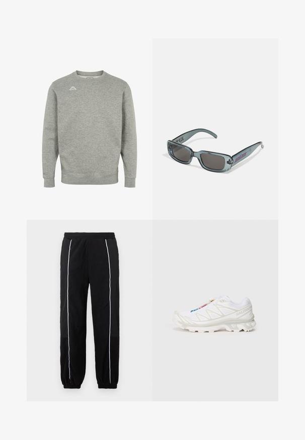 Sweatshirt gri din material moale, cu guler rotund, mâneci lungi și un mic logo în partea stângă sus a pieptului.; Pantaloni de trening negri cu dungi albe pe laterale, talie elastică și manșete. Realizați dintr-un material moale, texturat pentru confort și flexibilitate.; Pantofiori atletici albi cu superior din plasă texturată, accente reflective și talpă amortizată. Logo-ul notabil al brandului pe lateral.; Santa Cruz INFERNO UNISEX - Ochelari de soare - crystal black