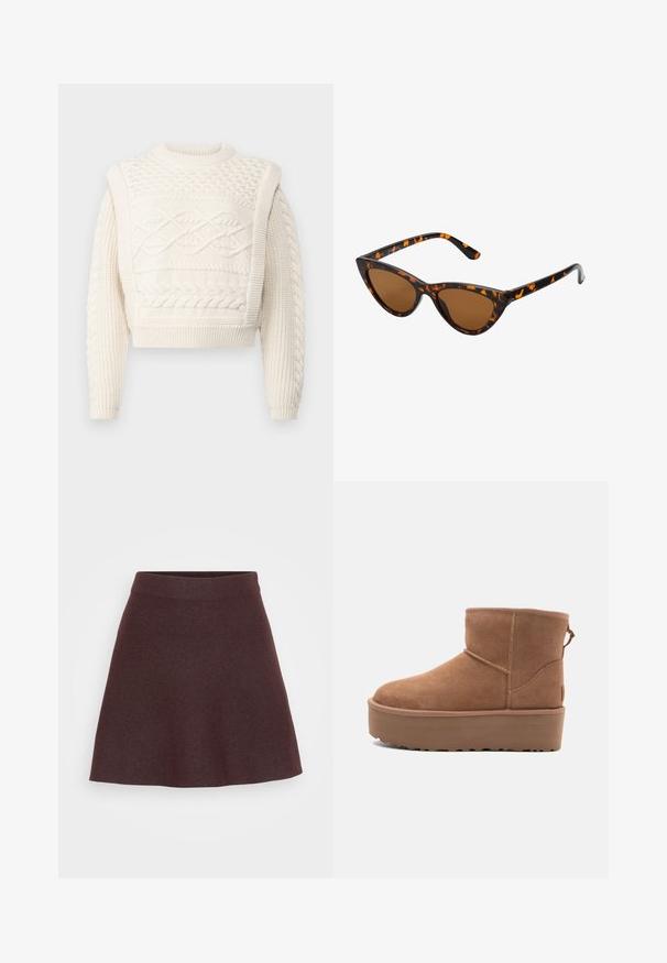 VILA VICALA O NECK - Trui - birch; Bordeaux gebreide rok met een uitlopende vorm, brede tailleband en een soepele textuur, met een effen kleur zonder patronen of accenten.; Tan suède enkellaars met een platformzool, ronde neus en stiksels; heeft een trekband aan de achterkant voor gemakkelijke instap.; Cat-eye zonnebril met een zwart en oranje schildpadframe, bruine lenzen en slanke, puntige uiteinden. Bevat een minimalistisch logo op de poot.; Bruine leren schoudertas met een gestructureerde afwerking, gebogen vorm, hardware in goudkleur, verstelbare schouderband en klepafsluiting.