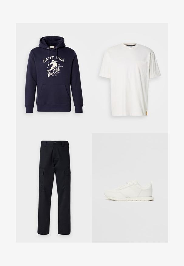 Námornícky modrá mikina z bavlnenej zmesi s predným kloktacím vreckom, kapucňou so šnúrkou a bielou grafikou lyžovania spolu s textom.; Biela bavlnená tričko s okrúhlym výstrihom, krátkymi rukávmi a vreckom na ľavej strane hrude. Obsahuje malú štítok s logom na bočnom šve.; Čierne cargo nohavice vyrobené z odolnej tkaniny, s rovnými nohavicami, dvoma bočnými vreckami a zapínaním na gombík v páse.; Biele tenisky s sieťovaným a syntetickým zvrškom, okrúly špička, ploché šnúrky a štruktúrovaný pruh na boku. Gumová podrážka s pútkom na zadnej strane.