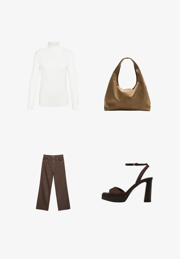 Maglione dolcevita bianco realizzato in morbido tessuto a maglia. Presenta maniche lunghe e un design aderente, con collo e orlo a coste.; Jeans a gamba larga marroni in denim, con vita alta, tasche anteriori e chiusura a bottone classica. Tessuto liscio con cuciture sottili.; Sandal in camoscio marrone con tacco alto, punta aperta, cinturino alla caviglia regolabile e suola a piattaforma striata.; Borsa a spalla in tessuto marrone con un corpo ampio e arrotondato e una grande maniglia a taglio. Texture morbida, design minimalista e senza hardware visibile.