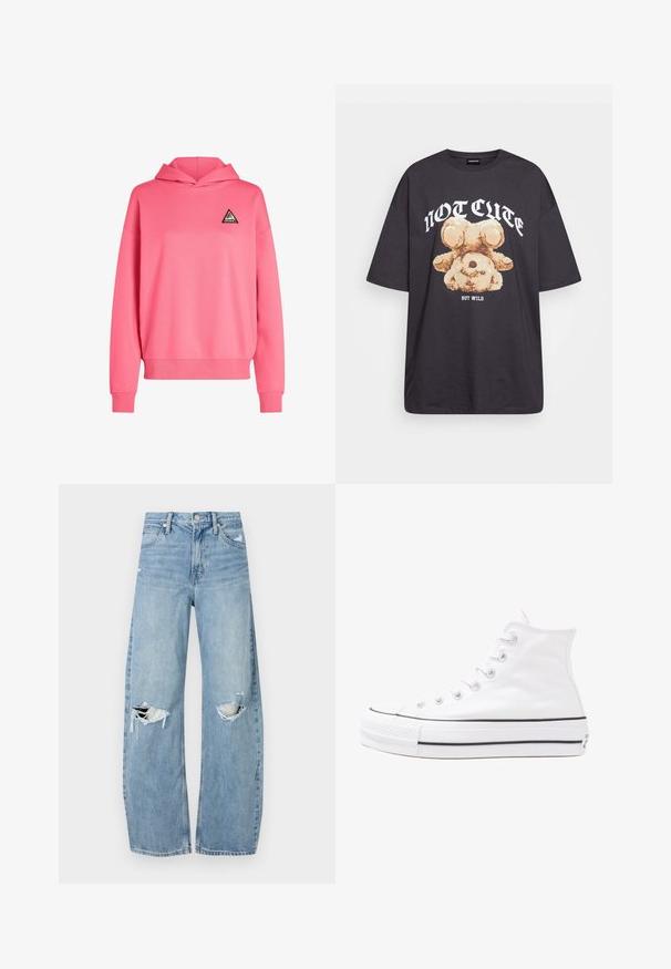 Roosa kapuutsiga sviiter, mis on valmistatud pehmest kangast, mille esitlusel on rinnal kolmnurkne logo plaastriga. Sisaldab soonikkoes mansette ja äärt.; Musthave musta t-särk, millel on karu graafika ja tekst "EI NII NÄDALA, KUID MÄRG" paksult valgete tähtedega. Puuvillane materjal.; Heledad hallideega sinised teksad, millel on kõrge talje. Teksade jalgadel on lai alus, kaks rebitud kohta põlvede ümber ning klassikaline viie tasku stiil.; Valge kõrgem kangast tenniseking, millel on must kummist tald, ees kummist varvasetugi ja kuus aukku paelte jaoks, pakkudes puhta ja minimalistliku disaini.