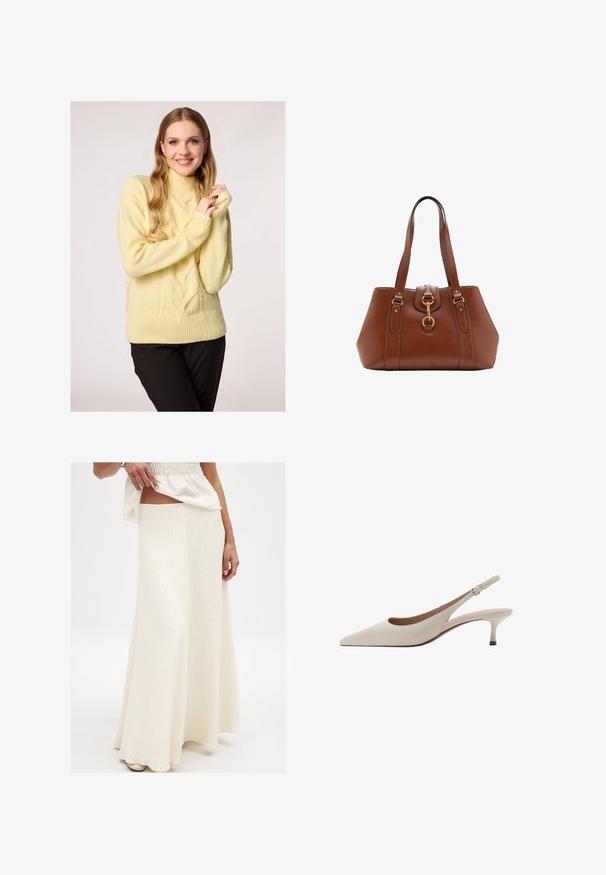 Gelber gestrickter Rollkragenpullover mit Zopfmustern, gerippten Bündchen und Saum. Weiche Textur, kombiniert mit dunklen Hosen für einen Kontrast.; Cremfarbene, lange Maxiröcke mit strukturierter Oberfläche. Bietet einen taillierten Bund und eine fließende Silhouette, kombiniert mit einem lockeren, lebhaften Oberteil.; Beige Slingback-Absatzschuhe mit spitzer Zehenform und niedrigem, ausgestellten Absatz. Hergestellt aus glattem Leder mit einem minimalistischen Design und verstellbarem Riemen.; Braune Lederhandtasche mit doppelt tragegriffen, runder Form, goldenen Beschlägen und einem zentralen Schnallen-Detail. Glatte Textur mit genähten Akzenten.