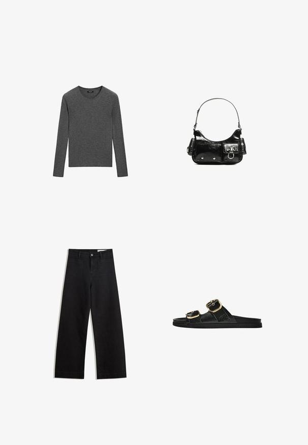Massimo Dutti RIBBED CREW NECK - Strickpullover - dark grey; Schwarze weit geschnittene Jeans mit hoher Taille, ausgestattet mit Vorder- und Hintertaschen, gesteppten Nähten und einem Knopfverschluss. Glatte Textur.; Schwarze Riemensandale mit zwei goldenen Schnallendetails, glattem Material, flachem Sohlen und minimalistischer Gestaltung.; Schwarze Lackleder-Handtasche mit geschwungenem Design, einem Schulterriemen, Vordertaschen und silberfarbenen Hardware-Akzenten.