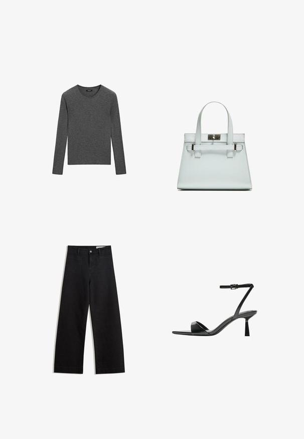 Massimo Dutti RIBBED CREW NECK - Maglione - dark grey; Pantaloni in denim neri a gamba larga con vita alta, dotati di tasche anteriori e posteriori, cuciture a punto, e chiusura con bottone. Texture liscia.; Bershka Sandali con tacco - black; Borsa a mano azzurro chiaro con design strutturato, due manici e chiusura in metallo tono argento. Materiale testurizzato e angoli acuti.