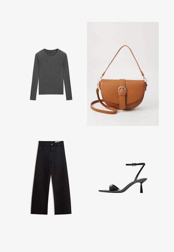 Massimo Dutti RIBBED CREW NECK - Stickad tröja - dark grey; Svarta vida denimbyxor med hög midja, med fram- och bakfickor, sydda sömmar och knappstängning. Slät textur.; Bershka Sandaletter - black; Brun läder crossbody-väska med en böjd form, gyllene detaljer och en spänneaccent. Har en avtagbar axelrem.