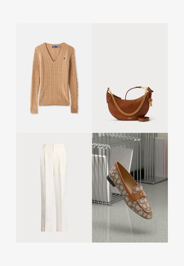 Kamelkrāsas kabelīšu adījuma V-veida kakla džemperis ar garām piedurknēm un mazu tumši zilu izšūtu logo uz krūtīm.; Polo Ralph Lauren HEMP WIDE LEG PANT - Auduma bikses - nevis; Brūni rakstaini loaferi ar pelēkdzeltenu ādas jostu, ar zelta logotipa akcentu un zemu melnu papēdi uz minimālisma fona.; Brūns ādas rokassomu ar izliekta dizaina, zelta ķēdes siksnu, iekšējo kabatu un noņemamu plecu siksnu. Ievērojama kontrastējoša šuvuma detaļa.