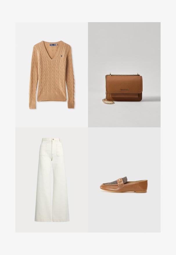 Pulover bej cu tricotaj în formă de cablu, cu decolteu în V, mâneci lungi și un mic logo bordat bleumarin pe piept.; Jeans cu picioare late din denim alb-crem. Design cu talie înaltă, cu închidere prin nasture, două buzunare frontale și detalii cu cusături contrastante.; Mocasini din piele maro cu un panou din țesătură texturată de culoare maro și accente din hardware auriu. Profil îngust și detalii cusute pe laterale.; Geantă crossbody din piele texturată maro, cu curea din lanț aurit și închidere cu clapetă. Partea din față prezintă detalii cu logo și o buzunar sub clapetă.