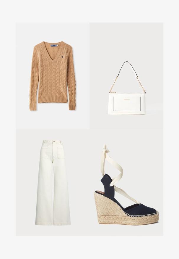 Camel-colored cable knit V-neck sweater with long sleeves and small navy embroidered logo on the chest.; Wide-leg jeans in off-white denim. High-waisted design with a button closure, two front pockets, and contrast stitching details.; Navy canvas wedge sandal with an espadrille rope outsole and cream ribbon ties at the ankle. Closed heel and round toe design.; White leather handbag with a textured finish, featuring a gold chain strap and black accents. Includes a front pocket and zipper closure.