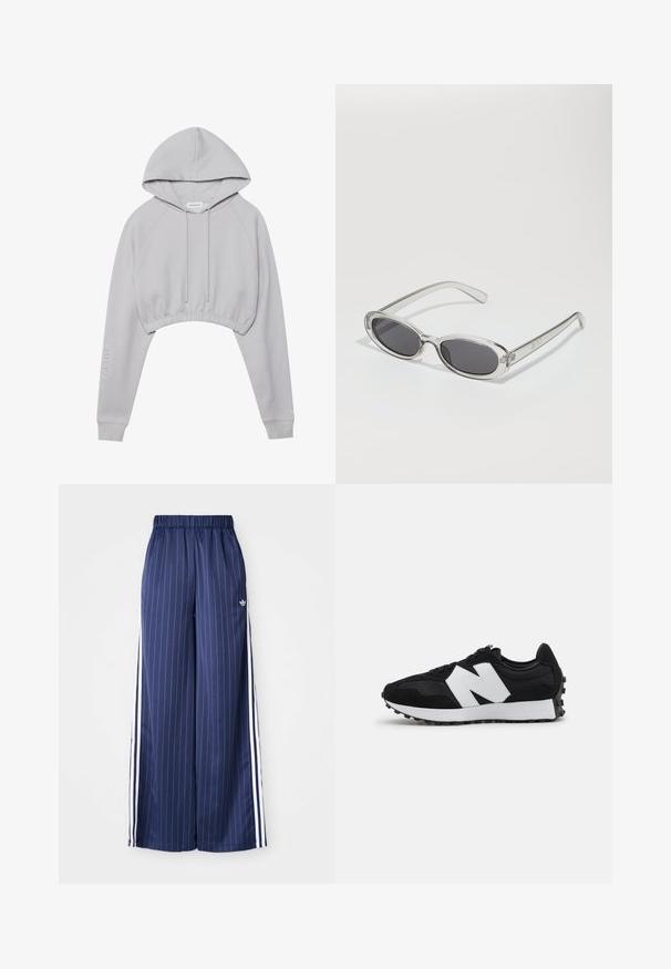 Pilkas trumpas džemperis su reguliuojama kapuce, raglaninių rankovių ir elastingu apačia. Kairėje rankovėje yra "ACTIVE" tekstas. Minkštas audinio paviršius.; Tamsiai mėlynos plačios kojos kelnės su vertikaliomis baltomis juostelėmis, elastinga juosmens juosta ir trimis baltomis juostelėmis kiekvienoje pusėje, pagamintos iš lengvos medžiagos.; Juodos zomšinės ir tinklelio sportinės bateliai su balta logo ir akcentais. Patvari guma apatinė dalis su tekstūruotu sukibimu. Klasikinis sportinis dizainas.; Akiniai nuo saulės ovalo formos, su skaidriu plastiko rėmu, tamsiai pilkais objektyvais ir plonomis skaidriomis šakėmis, dekoruotais logotipų akcentais ir minimaliais detalėmis.