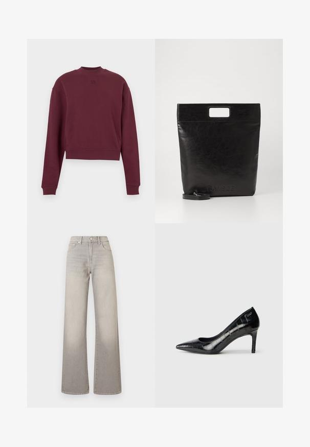 Bourgognefärgad kort sweatshirt med långa ärmar, tillverkad av mjukt tyg, med hög halsringning och präglad logotyp på framsidan.; Grå vidbenade jeans med en blekt finish, knappstängning, femficksdesign och sömnad detaljer längs sömmarna.; Svarta spetsiga högklackade skor med glansig yta och subtilt mönster. Har en måttlig klack och öppen halsdesign.; Svart läder tote-väska med ett fyrkantigt handtag, med en texturerad yta och präglad logotyp. Inkluderar en avtagbar rem.