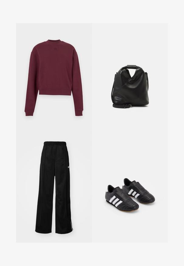 Bordo krāsas cropped stila džemperis ar garām piedurknēm, izgatavots no mīksta auduma, ar augstu apkakli un izceltu logotipu priekšpusē.; Melnas platajās sporta bikses ar elastīgu vidukli, ar baltām sānu svītrām un mazu logo kreisajā gurnā. Gluda auduma tekstūra.; Melnas futbola kurpes ar teksturētu ādas virsu, ar mīkstinātu priekšpusi, trīs baltām svītrām sānos un gumijas zoli.; Melnas, mīkstas ādas soma ar unikālu savērptu dizainu. Iespējo īsu rokturi un noņemamu plecu siksnu. Minimalistisks stils.