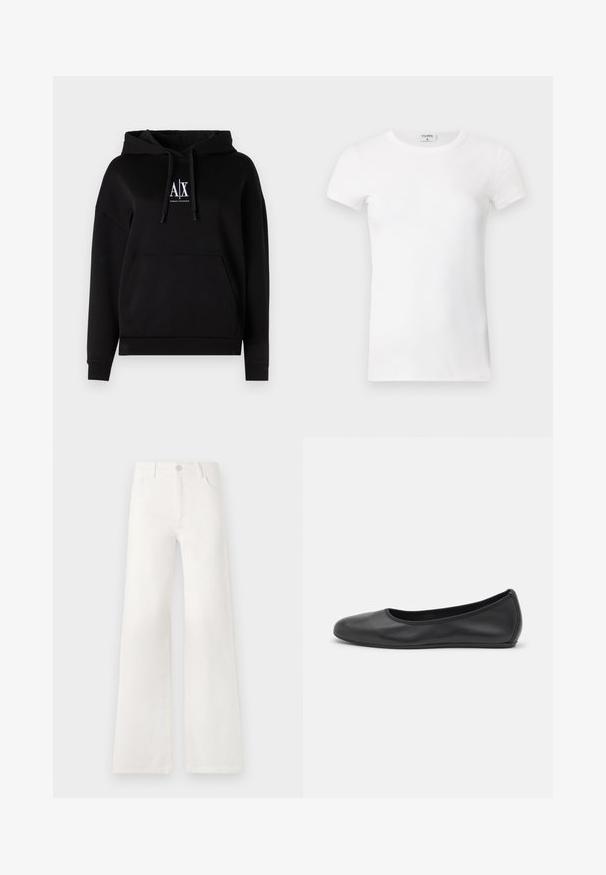 Melna kapuce ar priekšējo kabatu, auklām un logotipu, kas attēlo "A|X" uz krūtīm. Izgatavota no maiga auduma ar brīvi krītošu piegriezumu.; Balts ribots īsām piedurknēm T-krekls ar apaļu kaklu. Audumam ir gluda virsma un tas ir pieguļošs. Zīmola etiķete redzama pie apkakles.; Baltas, augsto jostasvietu platās kājas džinsi, izgatavoti no denima. Iekļauj pogu aizdari, divas priekšējās kabatas un sānu šuves ar šuvju detaļām.; Melna ādas baleta kurpe ar noapaļotu purngalu, gludu tekstūru, minimālu šuvju detalizāciju un elastīgu zoles dizainu.