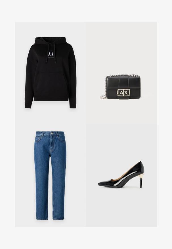 Czarna bluza z kapturem z kieszenią z przodu, sznurkiem ściągającym i logo "A|X" na klatce piersiowej. Wykonana z miękkiego materiału o luźnym kroju.; Niebieskie dżinsy z prostą nogawką, z zapięciem na guziki, paskiem i przednimi kieszeniami. Wykonane z teksturowanej bawełny.; Czarna lakierowana skórzana szpilka z wąskim noskiem i wyciętym wzornictwem; posiada elegancki złoty akcent na obcasie. Prosta i elegancka.; Czarna skórzana torebka z pikowanym wzorem, srebrnym łańcuszkiem i wyraźnym srebrnym logo "AX" z przodu. Kompaktowy prostokątny kształt.
