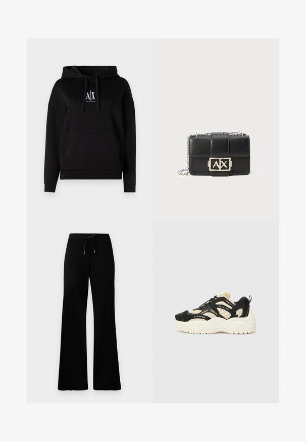 Felpa nera con cappuccio, tasca frontale, cordini e un logo con "A|X" sul petto. Realizzata in tessuto morbido con una vestibilità rilassata.; Pantaloni della tuta neri a gamba ampia con cintura regolabile, dettagli con fessure laterali, tessuto morbido e design elegante.; Sneaker neri e crema con suola testurizzata, pannelli in mesh e testi del marchio. Punta tonda e design con lacci. Cursore regolabile sul tallone.; Borsa a tracolla in pelle nera con design trapuntato, tracolla in catena argentata e un prominente logo argentato "AX" sulla parte anteriore. Forma rettangolare compatta.