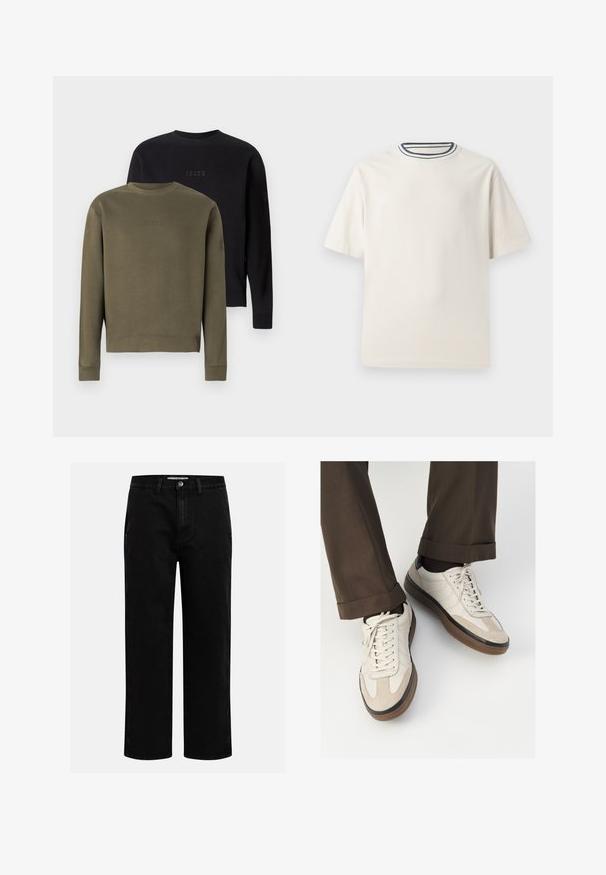 Zwei Rundhals-Sweatshirts werden ausgestellt: eines in Olivgrün und eines in Schwarz. Beide verfügen über tonales Logo-Stickerei auf der Brust und gerippte Bündchen.; Cremefarbendes Baumwoll-T-Shirt mit kurzen Ärmeln, das über einen runden Halsauschnitt mit navy- und weißen Streifen verfügt. Glatte Textur, lässige Passform.; Schwarze Jeanshose mit geradem Schnitt, klassischem Fünf-Taschen-Design und einem Knopfverschluss an der Taille. Glatte Textur und strapazierfähiger Stoff.; Beige Sneakers mit einer strukturierten Wildlederfront, glatten Lederseiten und einer braunen Gummisohle. Bändel und helle Nähdetails sind enthalten.