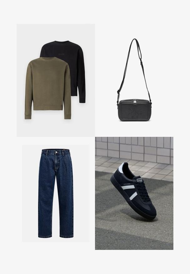 Twee crewneck sweatshirts worden getoond: een olijfgroene en een zwarte. Beide hebben een tonale logo-geborduurde op de borst en ribgebreide manchetten.; Donkerblauwe denim jeans met een rechtlopende pasvorm. Beschikt over zichtbare stiksels, een knoopsluiting en voorste plooien voor extra detail.; Zwarte leren sneaker met witte strepen, een gestructureerde rubberen zool en vetersluiting aan de voorkant. Voorzien van een merklabel op de tong.; Zwarte leren schoudertas met een ritssluiting, reliëflogo aan de voorkant en een verstelbare schouderriem. Gladde textuur met een rechthoekige vorm.