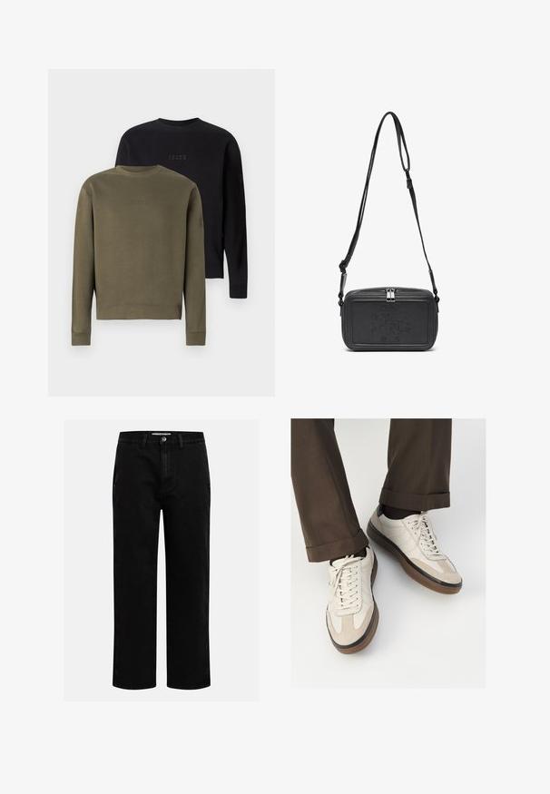 Na wystawie znajdują się dwa swetry z okrągłym dekoltem: jeden w oliwkowym zielonym kolorze, a drugi w czarnym. Oba mają haftowane logo w tonacji na klatce piersiowej oraz ściągacze u rękawów.; Czarne dżinsy o prostym kroju nogawki, klasyczny pięć kieszeniowy design oraz zapięcie na guzik w talii. Gładka tekstura i trwały materiał.; Beżowe sneakersy z teksturowanym zamszowym przodem, gładkimi skórzanymi bokami i brązową gumową podeszwą. Zawierają sznurówki oraz subtelne detale w dwóch kolorach.; Czarna skórzana torba na ramię z zamkiem błyskawicznym, wytłoczone logo na przodzie i regulowanym paskiem. Gładka tekstura w prostokątnym kształcie.