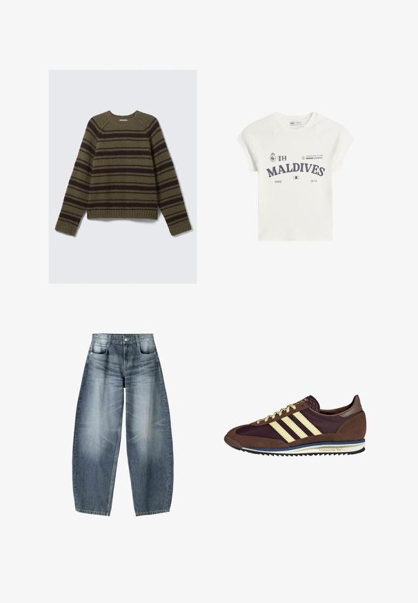 Olivgrön och mörkbrun randig tröja gjord av texturerad stickad material; har en rund halsringning och ribbade ärmslut och fåll.; Vit bomulls t-shirt med korta raglanärmar. Har en grafisk tryck "MALDIVES" i mörkgrått, tillsammans med logotyper och datumen 2008 och 2014.; Vidjeans i ljusblå denim med blekningar, som har en femficksdesign, knappgylf och minimala sömnadsdetaljer.; Bruna och burgundy sneakers i mocka och mesh-material, med tre krämfärgade ränder, textil på tungan och en gummisula.