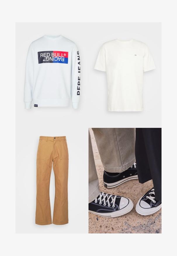 Valkoinen collegepaita pyöreällä kaula-aukolta, jossa on suuri monivärinen Red Bull Racing -logo edessä ja teksti "FANS" hihassa.; Valkoinen puuvillapaita, jossa on pyöreä pääntie, lyhyet hihat ja pieni musta "W.W." -logo vasemmassa rinnassa. Sileä kangas, normaali istuvuus.; Vaaleat cargo-housut, jotka on valmistettu kestävästä kankaasta, sisältävät sivutaskut, metalliset yksityiskohdat, suoran lahkeen leikkauksen ja normaalikorkean vyötärön.; Mustat kangaskengät valkoisilla kumitossuilla ja nauhoilla. Kontrastiväriset ompeleet ja metalliset silmukat tuovat yksityiskohtia. Yhdistetty vaaleanbeigeihin housuihin ja mustaan kankaaseen.