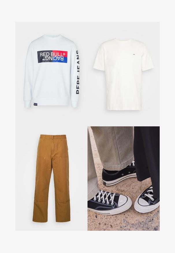 Felpa bianca con collo rotondo, caratterizzata da un grande logo multicolore di Red Bull Racing sul davanti e la scritta "FANS" sulla manica.; T-shirt bianca in cotone con scollatura rotonda, maniche corte e un piccolo logo nero "W.W." sul lato sinistro del petto. Tessuto liscio, vestibilità regolare.; Pantaloni utility in cotone marrone con design a gamba dritta, dotati di tasche anteriori e dettagli in metallo per una maggiore durata.; Sneakers neri in tela con punte e lacci bianchi in gomma. Le cuciture a contrasto e i fori in metallo aggiungono dettagli. Indossati con pantaloni beige e un tessuto nero.