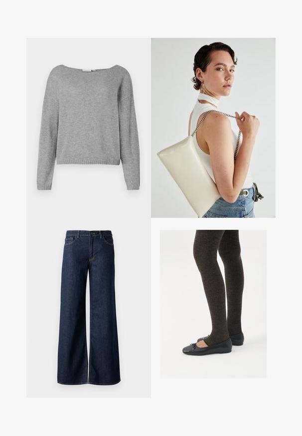 Svijetlosivi dugi rukavi pleteni pulover s okruglim izrezom te rebrastim manžetama i donjim dijelom, prikazan na bijeloj pozadini.; Široke hlače iz temnega modrega denima. Imajo kontrastno šivanje, pet žepov in gumbasto zapiranje v pasu. Gladka tekstura.; Črne ravne čevlje z majhnim lokom na prstih, v kombinaciji s temno rjavimi rebrastimi nogavicami. Čevlji imajo gladko teksturo in nizko obliko.; Bela pravokotna torbica za ključe iz sijajnega materiala, opremljena s srebrno verižico. Model pozira in prikazuje torbico na enobarvni podlagi.