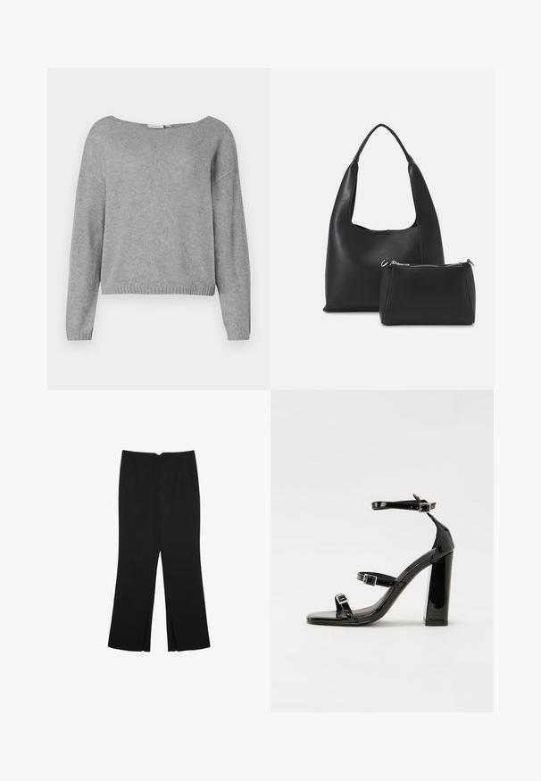 Svijetlosivi dugi rukavi pleteni pulover s okruglim izrezom te rebrastim manžetama i donjim dijelom, prikazan na bijeloj pozadini.; Črne hlače ravnega kroja z naglavnimi žepi in stranskimi razporki na robu. Narejene iz mehke, gladke tkanine. Primerne za različne priložnosti.; Črne lakaste sandale z visokimi petami, z dvema trakovoma z zaponkama, kvadratnim sprednjim delom in masivno širšo peto, z gladko, sijočo teksturo.; Even&Odd Torbica - black