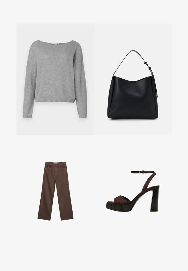 Svijetlosivi dugi rukavi pleteni pulover s okruglim izrezom te rebrastim manžetama i donjim dijelom, prikazan na bijeloj pozadini.; Široke rjave kavbojke iz denima, ki imajo visok pas, sprednje žepe in klasično zapiranje na gumb. Gladka tekstura s subtilnim šivom.; Rjave semiš sandale z visoko peto, odprto spredaj, z nastavljivim gležnjenjem in črtastim podplatom.; Črna usnjena hobo torba z enim naramnim trakom, gladka tekstura, zožen vrh in minimalističen dizajn brez vidne opreme.
