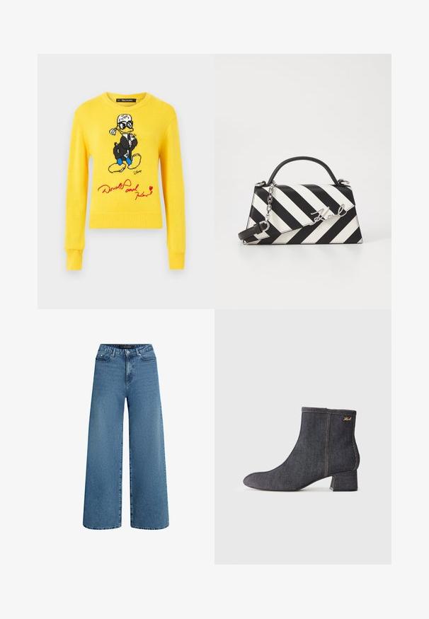 Kollane kootud sviiter, millel on Donald Duck musta jope, siniste kingade ja punase allkirja detailiga. Ümar kaelus ja soonikkoes varrukad.; Laiad teksased mid sinises denimis, millel on kõrge vöökoht, viie tasku disain ja õrn pleekimine. Puhas viimistlus äärel ja vöökohtadel.; Tume teksasist sääreking, millel on terav nina, plokk-kand, nähtav õmblus ja peene brändi logo küljel. Ühtlane tekstuur.; Mustriga musta ja valgega käekott, millel on struktureeritud kuju, pehme käepide, eemaldatav ahelriba ja metallist logo aktsent.
