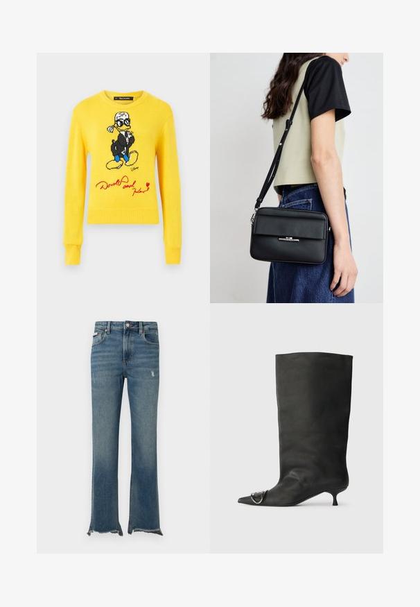 Maglione giallo lavorato a maglia con Paperino che indossa un giubbotto nero, scarpe blu e un dettaglio rosso con la sua firma. Collo rotondo e polsini a coste.; Jeans di denim blu con leggeri segni di usura, orli grezzi sfrangiati, tasche frontali, passanti per cintura e chiusura con bottone.; Stivaletto in pelle nera con punta affilata, tacco basso e dettaglio metallico sulla punta. Texture liscia e opaca in tutta la superficie.; Calvin Klein LINEAR CAMERA BAG - Borsa a tracolla - black