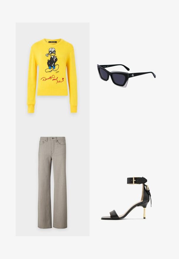 Keltainen neulepaita, jossa on Donald Duck mustassa takissa, sinisissä kengissä ja punaisissa yksityiskohdissa. Pyöreä kaula-aukko ja ribbaatut hihansuut.; Suurikalkkikankaiset vaaleanharmaat leveälahkeiset housut, joissa on sileä pinta. Varustettuna nappikiinnityksellä ja viidellä taskulla.; Musta nahkainen korkokenkä, jossa on neliönmuotoinen kärki, nilkkahihna, jossa on kultainen solki, ja hoikka metallinen korko. Sileä pinta, minimalistinen muotoilu.; Mustat ylisuuret aurinkolasit, joissa on geometrinen muoto, tummat linssit ja kehykseen erottuva harmaa yksityiskohta. Logo varressa.