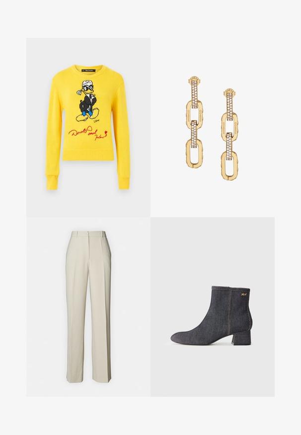 Kollane kootud sviiter, millel on Donald Duck musta jope, siniste kingade ja punase allkirja detailiga. Ümar kaelus ja soonikkoes varrukad.; Beežid pingutuspüksid sirge lõikega, esise plekkidega, lame vöökoht ja sile tekstuur puhta viimistluse jaoks.; Tume teksasist sääreking, millel on terav nina, plokk-kand, nähtav õmblus ja peene brändi logo küljel. Ühtlane tekstuur.; Kullatud jalgraduppidega kõrvarõngad, millel on selge kristalliga kaunistatud disain, graveeritud "GUESS" bränding ja sile viimistlus.