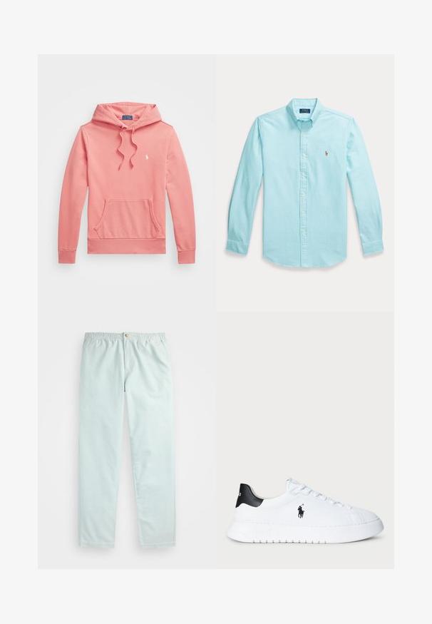 Rosa hettegenser med snor, frontlomme og ribbestrikkede mansjetter. Har en liten hvit logo på venstre bryst. Laget av mykt bomullsmateriale.; Lyseblå langermet skjorte med knappestolpe og knappet krage, med liten brodert logo på venstre bryst.; Lyseblå, avslappede bukser med elastisk linning, med sidelommer og en enkelt knappelukking foran.; Hvit lavt beskåret sneaker med svart hælflik og svart Polo Ralph Lauren-logo på siden, med hvite lisser og tykk gummisåle.