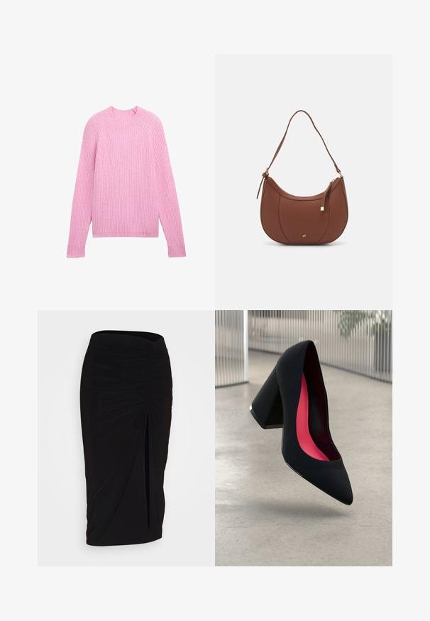 TOM TAILOR DENIM MIT STEHKRAGEN - Strickpullover - soft pink melange; Schwarzer, geraffter Bleistiftrock mit Bindegürtel und seitlichem Schlitz. Hergestellt aus einem dehnbaren Stoff, mit glatter Textur und figurschmeichelndem Design.; Schwarzer High-Heel-Schuh mit spitzer Kappe und strukturierter Oberseite. Innenfutter in leuchtendem Pink. Quadratischer Absatz mit metallischem Akzent an der Basis.; Braune Kunstleder-Schultertasche mit geschwungener Form, minimaler Naht und goldfarbener Hardware-Akzent. Verfügt über einen oberen Reißverschluss und einen verstellbaren Trageriemen.
