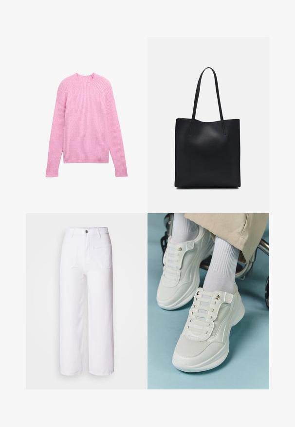 TOM TAILOR DENIM MIT STEHKRAGEN - Džemperis - soft pink melange; Balties džinsai su plačiomis kojomis, su mygtuko uždarymu, diržo kilpomis, dviem priekiniams kišenėms ir viena nugarine kišene. Patvari ir tekstūruota medžiaga.; Baltos sportbačiai su tinklelio medžiaga, guminiais padais, be raištelių dizainu su elastinėmis juostelėmis ir auksinėmis detalėmis.; Juodas odinis tote krepšys su lygia tekstūra, stačiakampio formos ir dviem ilgais rankenomis. Matomų metalinių detalių ar puošybos nėra.