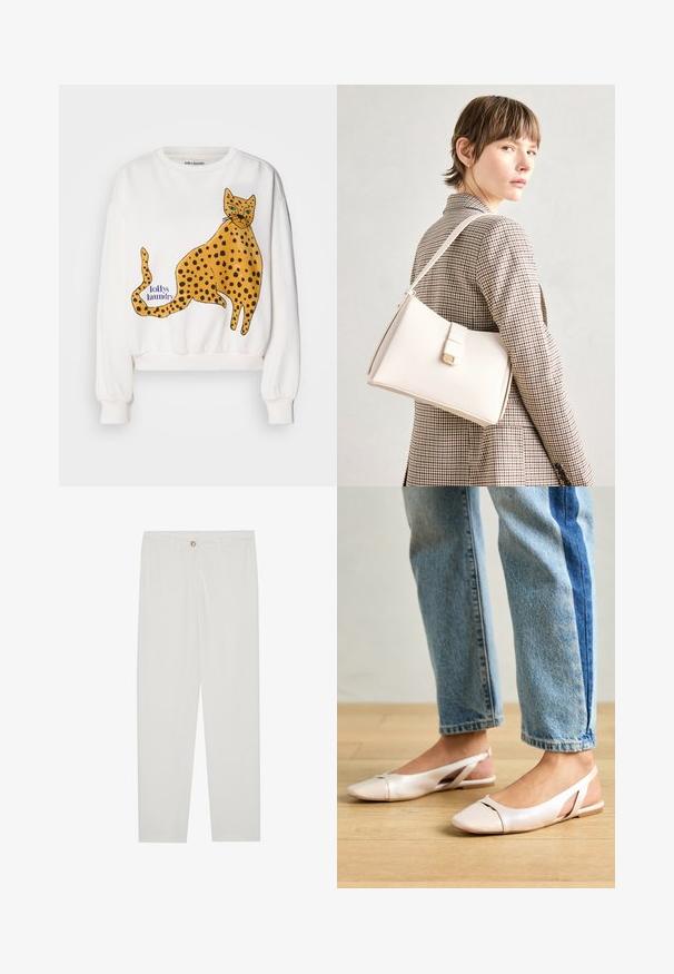 Bílá mikina s velkým ilustrovaným žlutým leopardem s černými skvrnami. Textová značka "lollys laundry" v modré barvě. Hladké manžety a lem.; Bílé kalhoty na míru s rovnými nohavicemi, se zapínáním na knoflík, poutky na opasek a bočními kapsami; hladká struktura látky.; Světle růžové slingback baleríny s špičatou špičkou, vyrobené z hladkého koženému materiálu. Obsahují vystřihovací detaily po stranách a plochý podpatek.; Bílá kožená kabelka se strukturálním designem, s magnetickým uzávěrem a ramenním popruhem, prezentovaná na neutrálním pozadí.