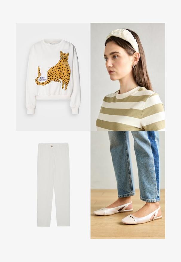 Hvit hettegenser med et stort, illustrert gult leopard med svarte prikker. Tekstetikett "lollys laundry" i blått. Ribbestrikkede ermer og nederkant.; Hvite, skreddersydde bukser med rette ben, med knapplukking, beltehemper og sidelommer; glatt tekstur.; Lys rosa slingback leiligheter med spiss tå, laget av et glatt, læraktig materiale. Har utskjæringer på sidene og lav hæl.; Kremfarget polstret hodebånd med tvunnet design, kombinert med en beige og hvit stripete skjorte med rund halsutskjæring. Subtile smykker som aksenter.