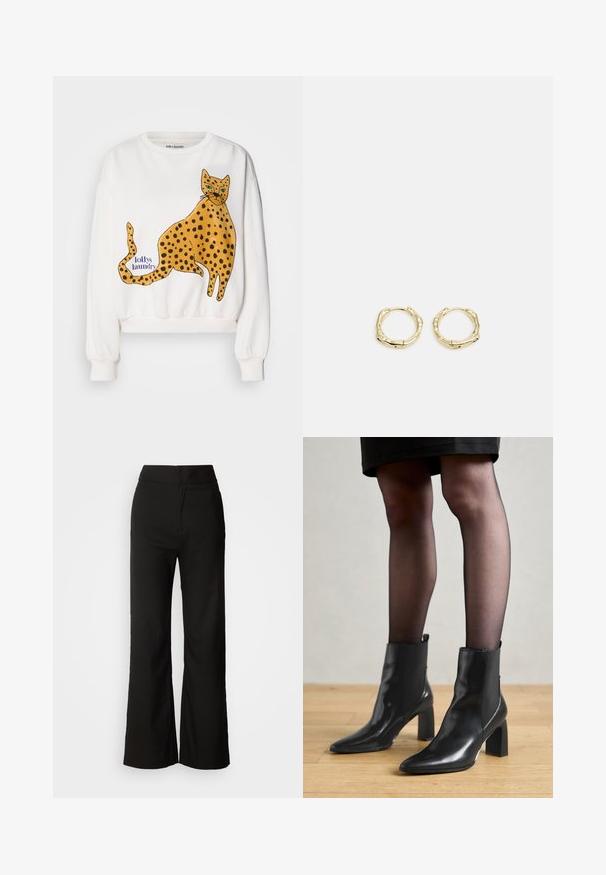 Sudadera blanca con un gran leopardo amarillo ilustrado con manchas negras. Etiqueta de texto "lollys laundry" en azul. Puños y dobladillo acanalados.; Pantalones de pierna ancha negros con una textura suave, cintura alta y un diseño limpio. Sin bolsillos visibles ni adornos.; Botines de cuero negro hasta el tobillo con punta afilada, tacón cuadrado grueso y diseño elegante. Presentan paneles laterales elásticos para facilitar el uso.; Pendientes de aro de oro con forma irregular y texturizada. Presentan un cierre sin costuras y un acabado pulido, destacando un diseño moderno.