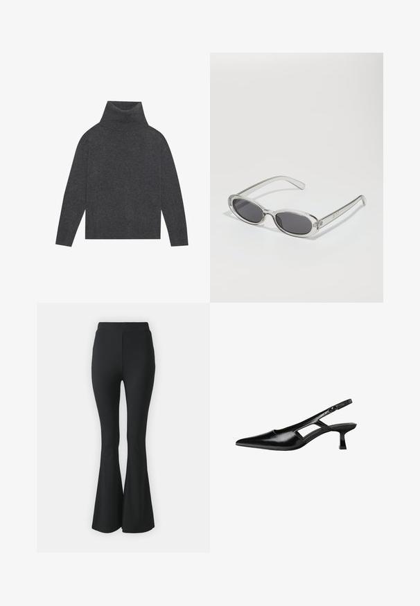 Grauer Rollkragenpullover aus weichem, strukturiertem Strick. Verfügt über lange Ärmel und eine entspannte, kastige Form mit einem gerippten Saum und Bündchen.; Schwarze ausgestellte Hosen aus elastischem Stoff. Sie haben einen hohen Bund und ein glattes, eng anliegendes Design, das ab dem Knie nach unten ausgestellt ist.; Schwarze Lackleder-Slingback-High Heels mit spitzer Zehenform, ausgeschnittenem Seitendesign und kleinem Blockabsatz. Glatte Textur mit minimalen Akzenten.; Sonnenbrille mit ovaler Form, klarem Kunststoffrahmen, dunkelgrauen Gläsern und dünnen transparenten Bügeln mit Logo-Akzenten und minimalen Details.