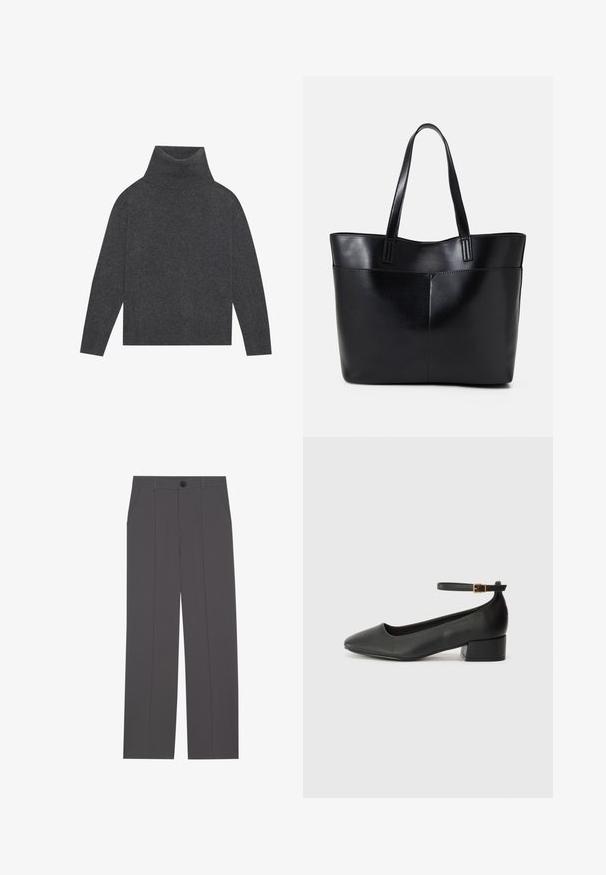 Pullover cinza de gola alta feito de um tricot suave e texturizado. Apresenta mangas longas e uma silhueta descontraída e larga, com bainha e punhos canelados.; Calças cinzas com um design de perna reta, apresentando dois bolsos laterais e um fecho de botão. Tecido suave sem padrões ou detalhes visíveis.; Sandal de pele preta com bico pontiagudo e um salto bloco baixo. Apresenta uma tira no tornozelo com uma fivela em tom dourado. Textura suave.; Bolsa tote preta em couro com duas alças longas, textura suave e forma estruturada. Apresenta um bolso frontal para armazenamento adicional.