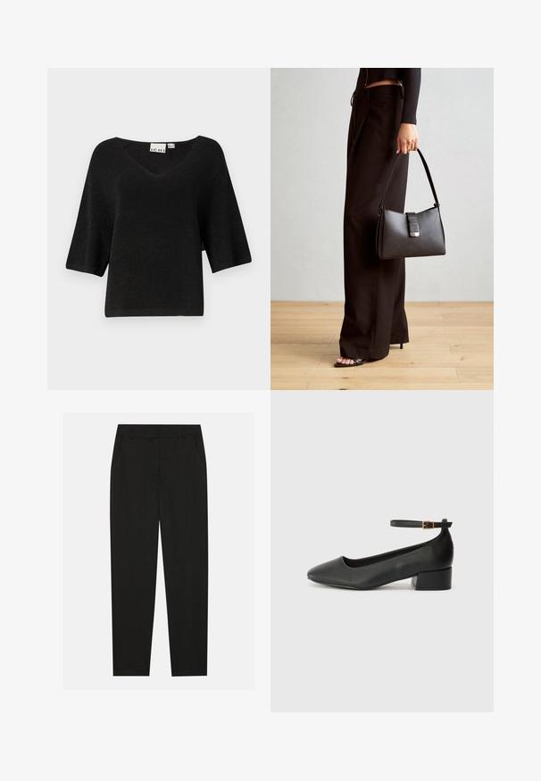 Svart kortermet genser med V-hals og ribbestrikket tekstur. Glatt stoff med subtil glans, designet med en avslappet passform.; Sorte bukser med skreddersydd design, med sidelommer og rett ben. Laget av glatt, lett stoff med en elegant finish.; Sorte skinnpumper med spiss tå og lav blokkhelt. Har ankelrem med gullfarget spenne. Glatt tekstur.; Svart håndveske med strukturert form, jevn tekstur og metallisk lås. Kombinert med brede svarte bukser og sandaler med åpen tå på tregulv.
