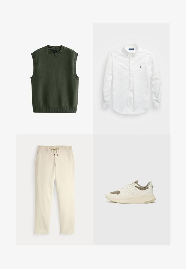 Next REGULAR FIT CREW NECK - Trui - green; Witte button-up shirt van katoen. Voorzien van een puntige kraag, lange mouwen en een klein marineblauw logo op de borst. Gladde textuur.; Off-white casual broek met elastische tailleband en trekkoord, rechte pijpen en zijzakken op een effen achtergrond.; Witte en lichtbeige sport sneaker, met een bovenwerk van mesh, geperforeerde details en een gestructureerde tussenzool met branding op de hiel.