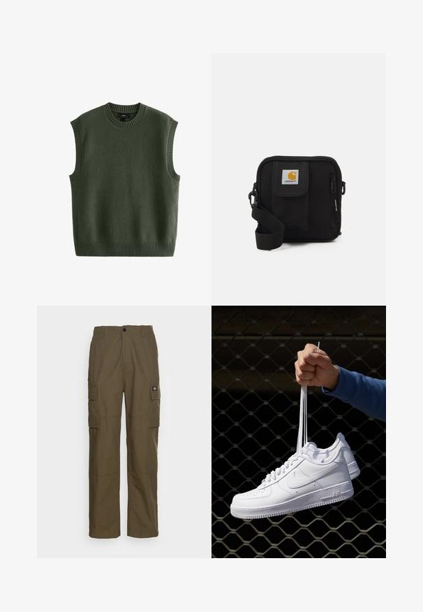Next REGULAR FIT CREW NECK - Striktrøje - green; Cargo bukser i olivengrøn, lavet af slidstærkt stof. Har to sidelommer, en standard talje og en lige ben design.; Hvide lædersneakers med perforeringer, rund tå, flad sål og tykke snørebånd, med et synligt swoosh-logo og "AIR" på hælen.; Sort crossbody taske med et lynlåset hovedrum, frontlomme, justerbar strop og et synligt logo patch på klappen.