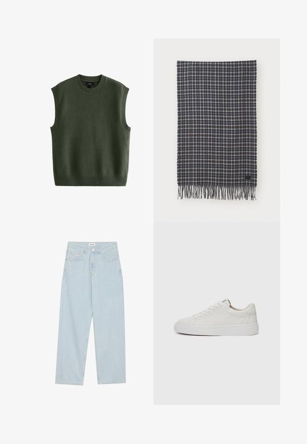 Next REGULAR FIT CREW NECK - Džemperis - green; Šviesiai mėlynos plačios džinsinės kelnės, pagamintos iš džinsinio audinio, su vidutiniu juosmens aukščiu, penkiomis kišenėmis ir mygtuko uždarymu, papuoštu siauru metaliniu akcentu.; Baltos odinės žemos sportbačiai su apvalia nosimi, plokščiu baltu guminiais padu ir minimalizmo siuvimo detalėmis. Raišteliai priveržti per šešis akių skyrius.; Austintas vilnos šalikas tamsiai mėlynos ir grietinėlės spalvos languose, su fringo kraštais ir mažu juodu etiketu. Minkšta tekstūra, stačiakampio formos.